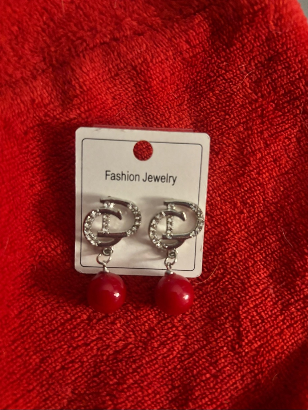 Fashion Jewelry Silver-Tone Hoop Earrings with Red Pearl Drops